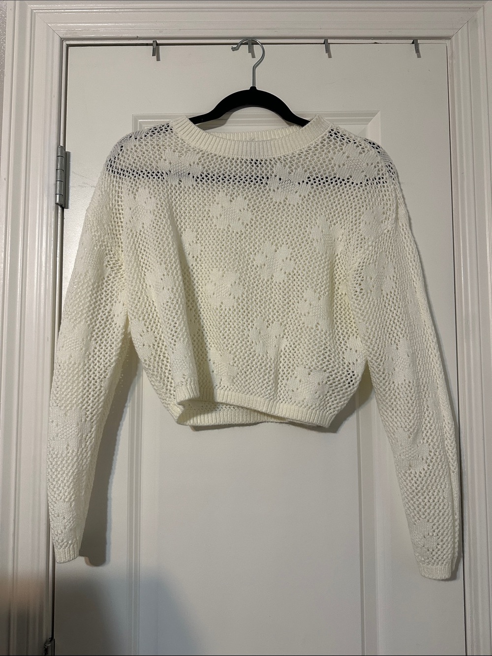 Say What? Cream Open-Knit Floral Crewneck Sweater